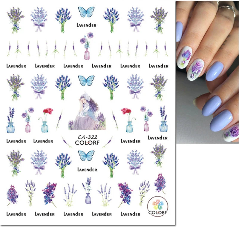 3d Nail Art Decals Watercolor Florals Purple Green Pink Flowers Leafs Fruit Adhesive Sliders Nail Stickers For Manicure