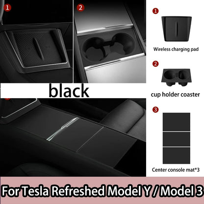 For Tesla Model Y/YL/3 Highland Center Console Wireless Charging Silicone Pad Cup Holder Mat Anti-slip black style accessories