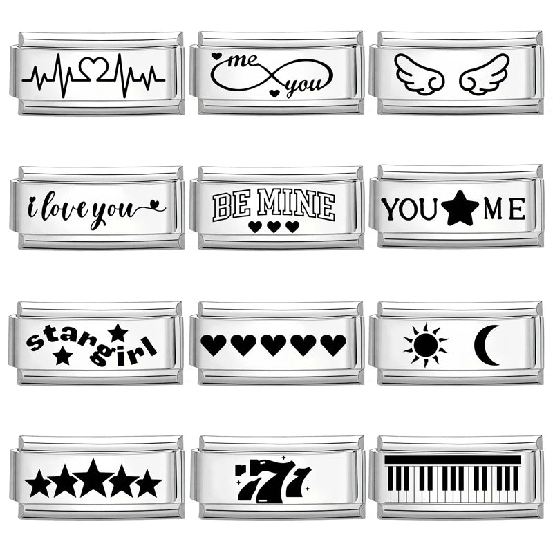 Laser Engraving Piano Heart Star Wings NO.7 Lips Italian Charm Links Fit 9mm Bracelet Stainless Steel Men Women DIY Making Gifts