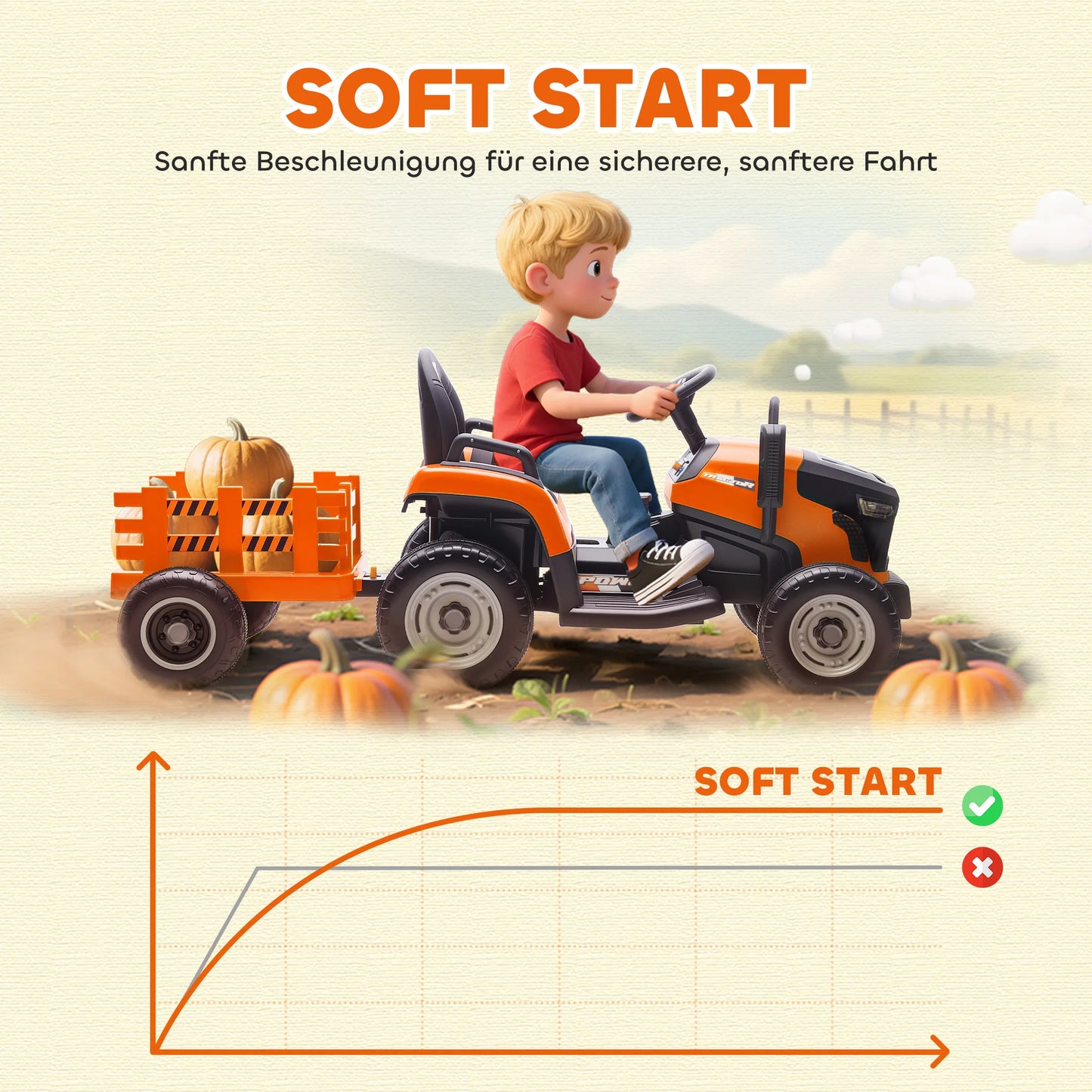 Electric tractor for children, ride-on tractor with remote control, soft start, for children aged 3 to 8, Orange