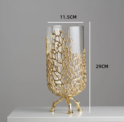 Gold Hollow Coral Vase Transparent Glass Vase Ornament Metal Rack Living Room Hydroponic Flower Arrangement Home Decoration