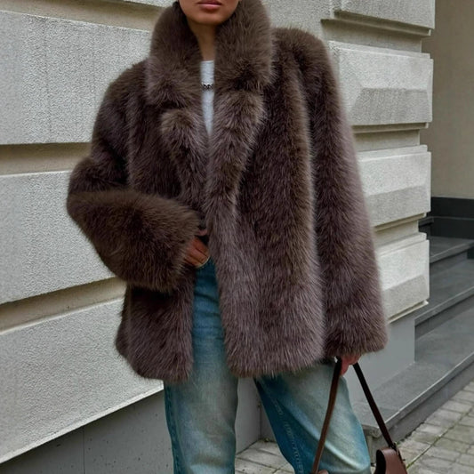 Faux Fox Fur Coats Women Solid Mid Length Jackets Lapel Collar Long Sleeve Furry Outerwear Thick Loose Casual 2025 Autumn Winter