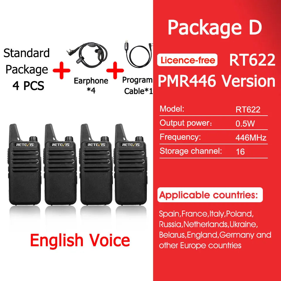 Retevis RT622 Mini Walkie Talkie 4 Pcs Walkie-talkies PMR446 FRS Portable Two Way Radio Communication Radio for Restaurant Hotel