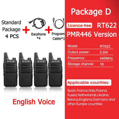 Retevis RT622 Mini Walkie Talkie 4 Pcs Walkie-talkies PMR446 FRS Portable Two Way Radio Communication Radio for Restaurant Hotel