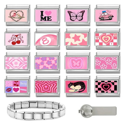 Wholesale Sweet Pink Series Stars Heart Flowers Butterfly Italian Link Fit 9mm Stainless Steel Bracelet Making DIY Charm Jewelry