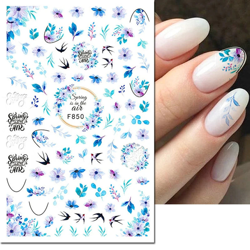 3d Nail Art Decals Watercolor Florals Purple Green Pink Flowers Leafs Fruit Adhesive Sliders Nail Stickers For Manicure