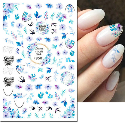 3d Nail Art Decals Watercolor Florals Purple Green Pink Flowers Leafs Fruit Adhesive Sliders Nail Stickers For Manicure