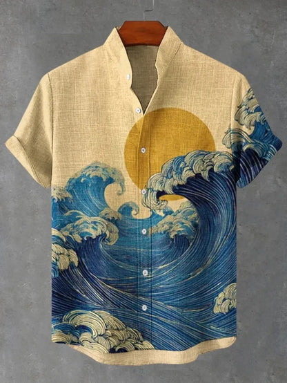 Men's Japanese Retro Art Black Cat Print Shirt Short Sleeve Stand Up Collar Single Breasted Casual Linen Top for Vacation