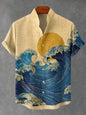 Men's Japanese Retro Art Black Cat Print Shirt Short Sleeve Stand Up Collar Single Breasted Casual Linen Top for Vacation