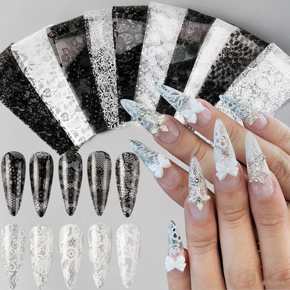 10pcs Elegant Black White Lace Flowers Nail Transfer Foils Stickers Black And White Sexy Lace DIY Charms Nail Art Decoration