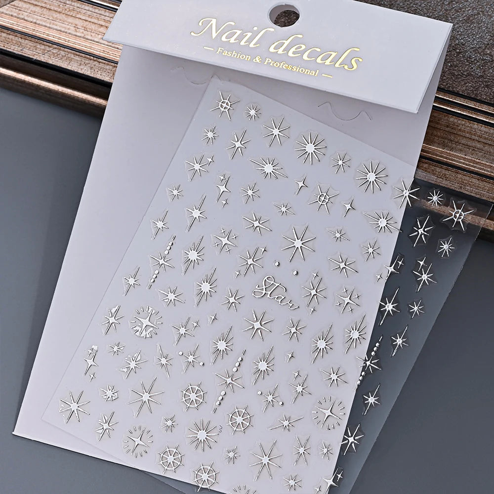 1pcs Sparkle 5D Embossed Star Nail Sticker Metallic Silver Starlight Nail Decals 8*10cm Adhesive Manicure Slider Supplies #Y2K