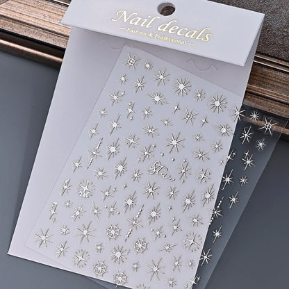 1pcs Sparkle 5D Embossed Star Nail Sticker Metallic Silver Starlight Nail Decals 8*10cm Adhesive Manicure Slider Supplies #Y2K