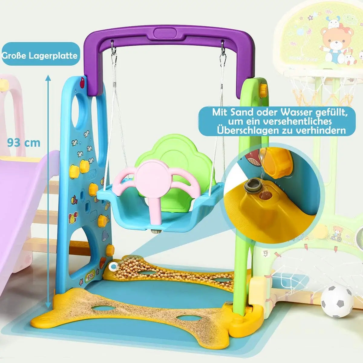 6-in-1 Children's Slide with Swing,Slide with Basketball Hoop&Football Goal&Throwing Game&Desk Top,for Children from 3 Years