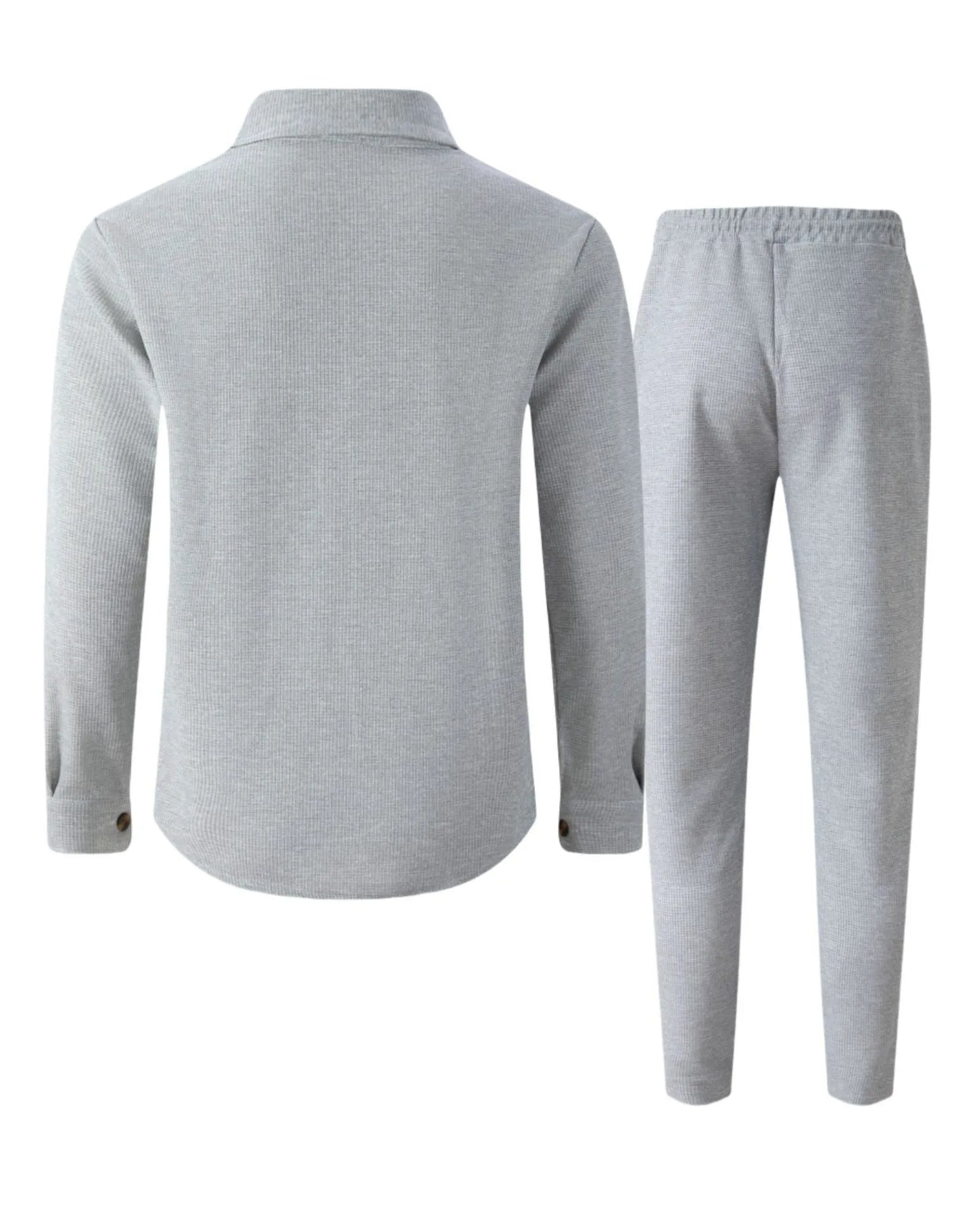 New autumn style waffle long-sleeved solid-color double-pocket buttoned cardigan shirt and pants set
