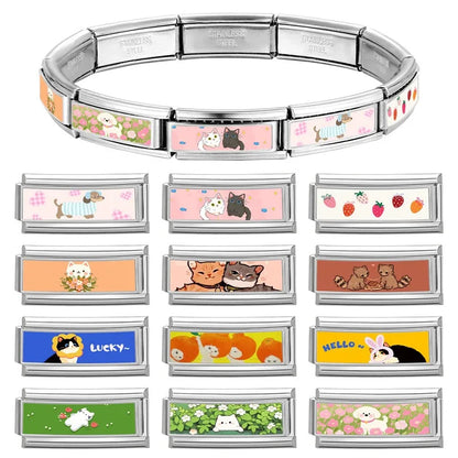 2025 New Women's Gift Cute Rabbit Cat Dogs Italian Charms Links Beads Fit 9mm Stainless Steel Modular Modular Bracelet Jewelry