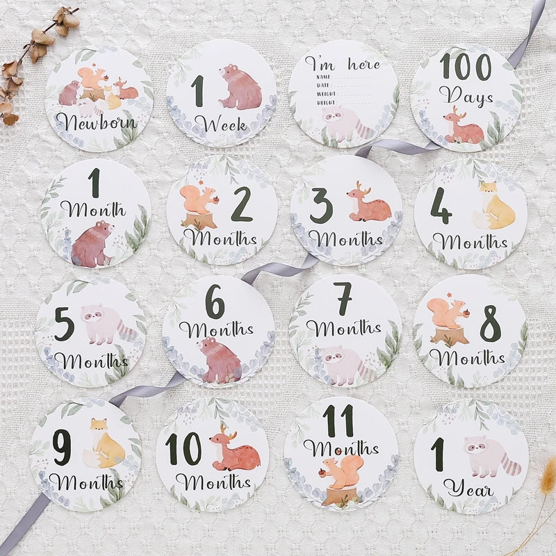 Newborn Baby Growth Milestones 0-12 Months Wooden Card With Box Photo Accessory Cartoon Animal Picture Souvenir Wooden Baby Gift