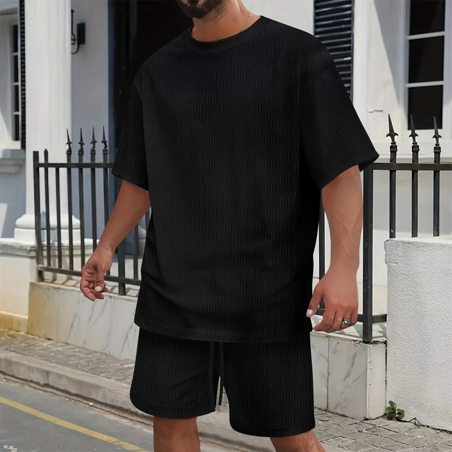 2025 summer new men's suit leisure solid color jacquard round neck fashion all-match short-sleeved T-shirt drawstring shorts set