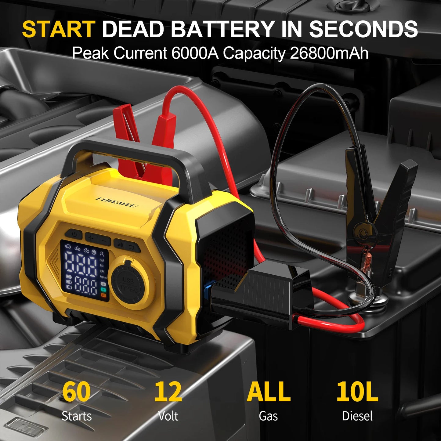 FOWAWU 6000A 26800mAh Jump Starter with Air Compressor,Car Battery Power Bank (ALL Gas/10.0L Diesel), Auto-Shutoff Tire Inflator