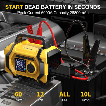 FOWAWU 6000A 26800mAh Jump Starter with Air Compressor,Car Battery Power Bank (ALL Gas/10.0L Diesel), Auto-Shutoff Tire Inflator