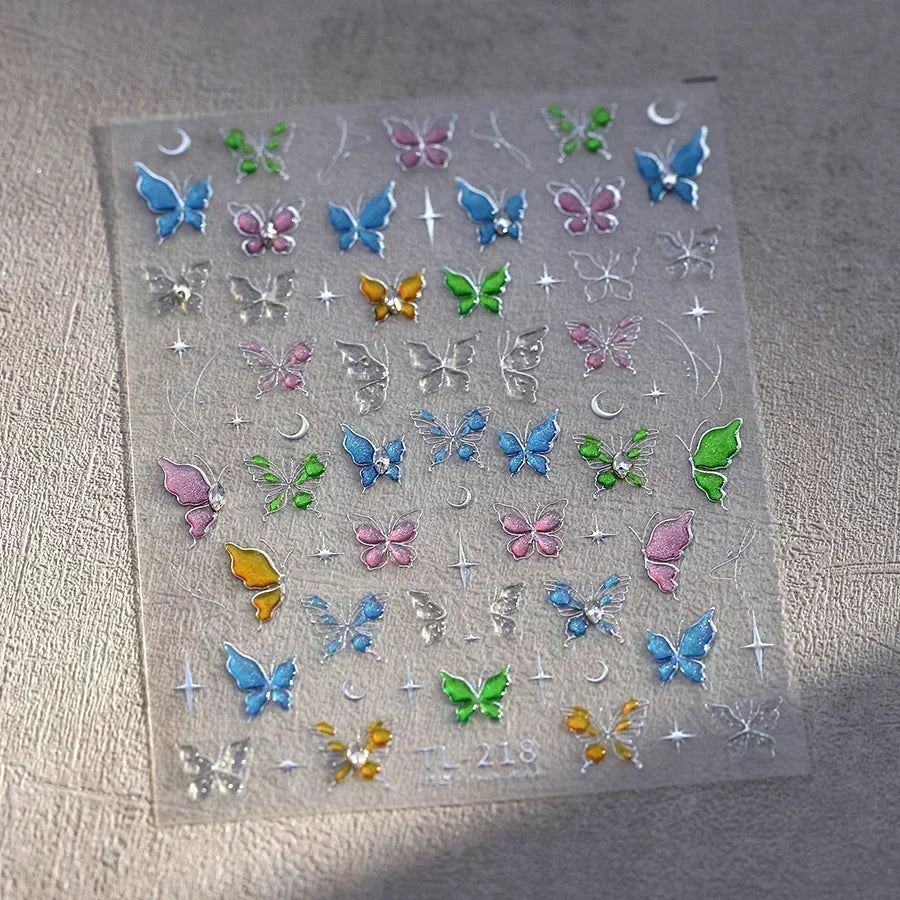 Shiny Jelly Butterfly Charming Golden Gradient Bowknot 5D Self Adhesive Nail Art Sticker Flower Petal Rhinestone Manicure Decals