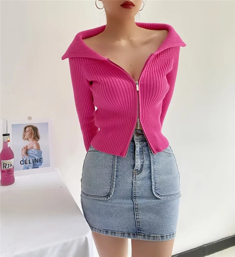LUNDUNSHIJIA 2026 New Autumn Women Elegant Thickened Zipper Sweaters For Women Rose Red Fashion Short Female Cardigan 4 Colors