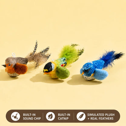 Bird Sound Cat Toy Brown Green Blue Color Options and Combination Set Plush Feather Hanging Teaser for Indoor Cats Chasing Play