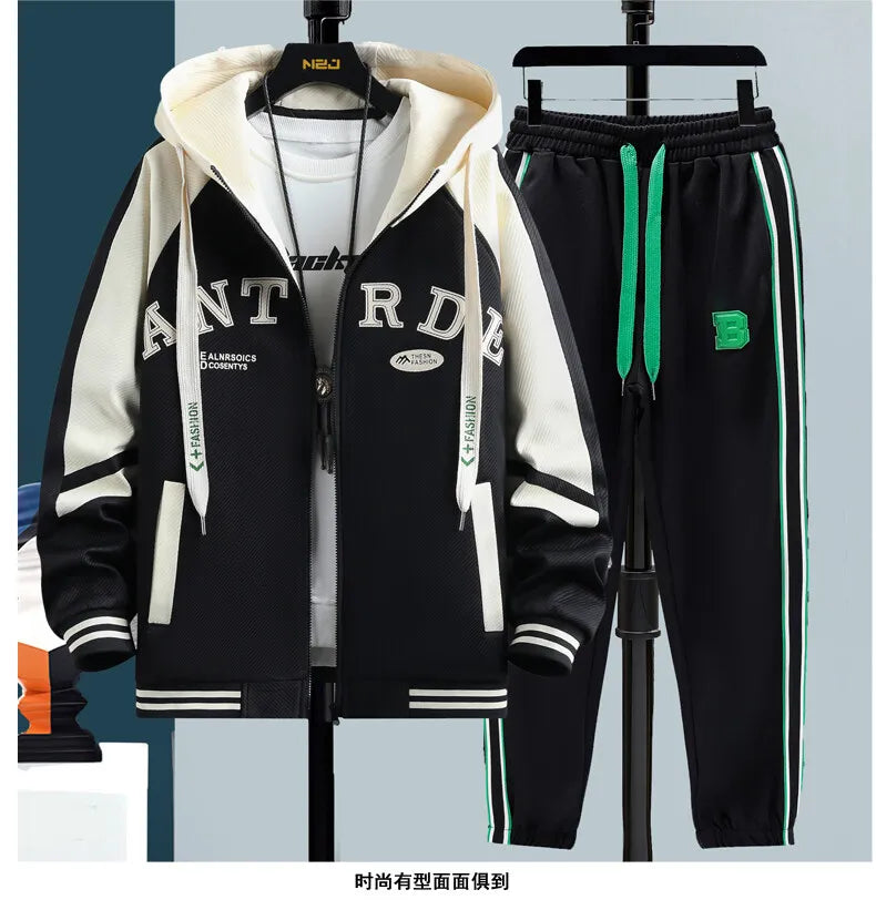High Quality Running 2 Piece Set Hooded Jacket+Sweatpants Cardigan Long Sleeve Casual Tracksuit Men Sport Brand Clothing Suit