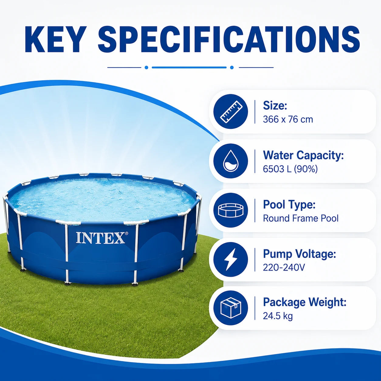 INTEX 366x76cm Round Frame Swimming Pool 6503L Above Ground Family Pool with 2006L/h Filter Pump 220-240V