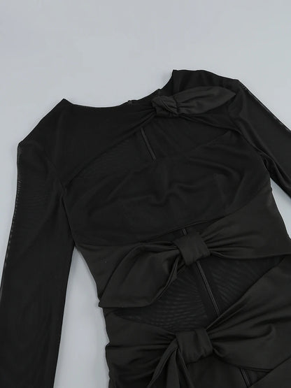 Sexy Hollow Out High Side Split See Through Mesh Long Sleeve Maxi Dress Luxury Brithday Prom Gown Party Club Fashion Dresses