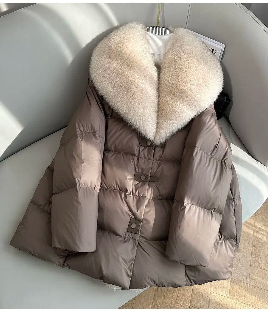 High end Faux Fox fur detachable Large Lapel fur Down Jacket For women 2025 Winter New Medium long Loose White goose Down Coats