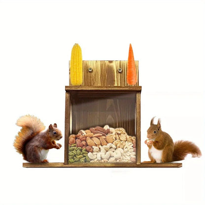 Squirrel Feeder Wooden Construction with Transparent Window Top Cover 2 Side Holes