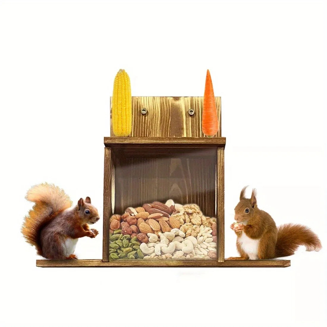 Squirrel Feeder Wooden Construction with Transparent Window Top Cover 2 Side Holes