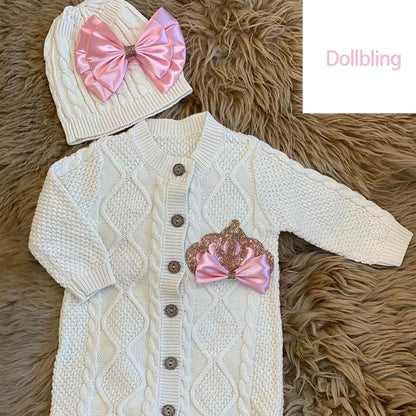 Dollbling Baby Boys' Knit Ribbed Romper Jumpsuit with Bodysuit and Hat 3pcs Set Newborn Cotton Knitted Sweater Romper Suit