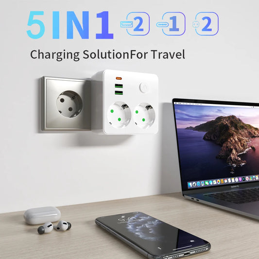 EU Plug Outlet Sockets Multitap Wall Socke Power Strip Electrical Power Outlet Extension Cord with 2 USB 1 Type-C Ports 2500W