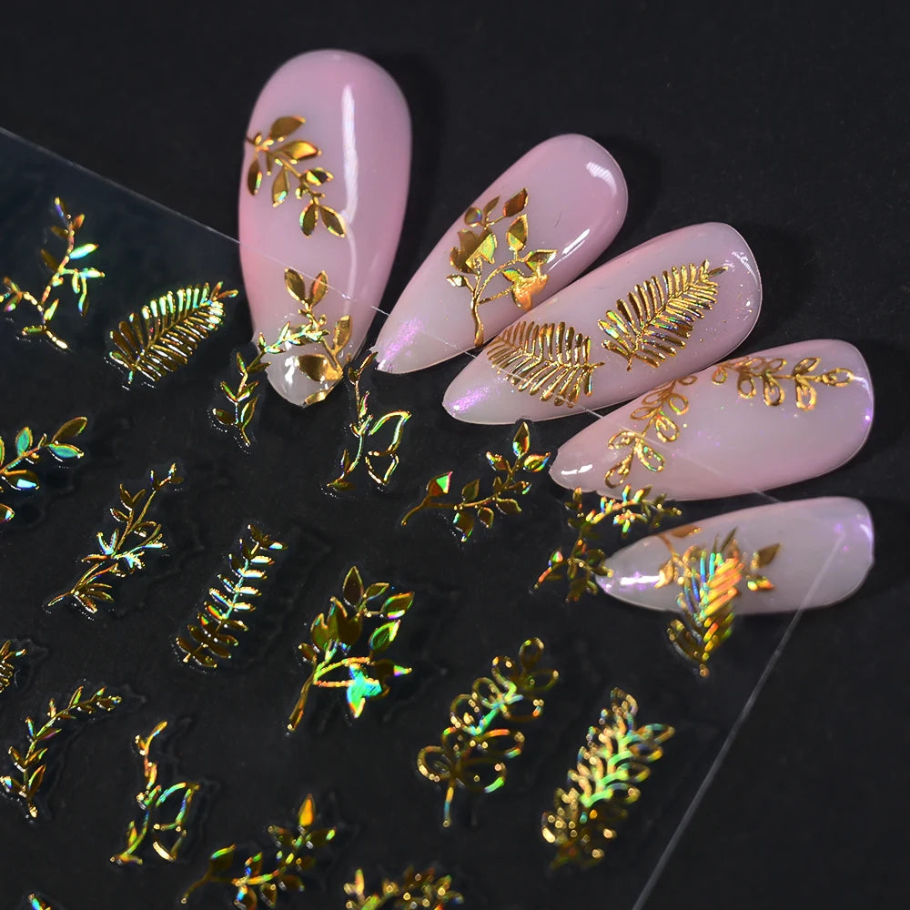12pcs/set 3D Shiny Leaf Flower Nail Art Sticker Laer Gold Bronzing Leaves Nail Decals 8*10cm Self-Adhesive Nail Art Supplies e5#