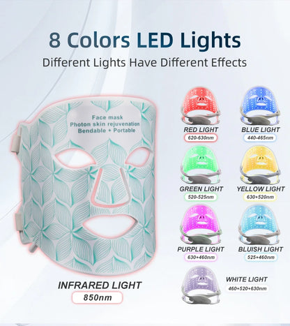 8 Colors Facial LED Mask with Neck Red Light Near Infrared Therapy Beauty Mask Anti Aging Skin Rejuvenation Lifting Tighten