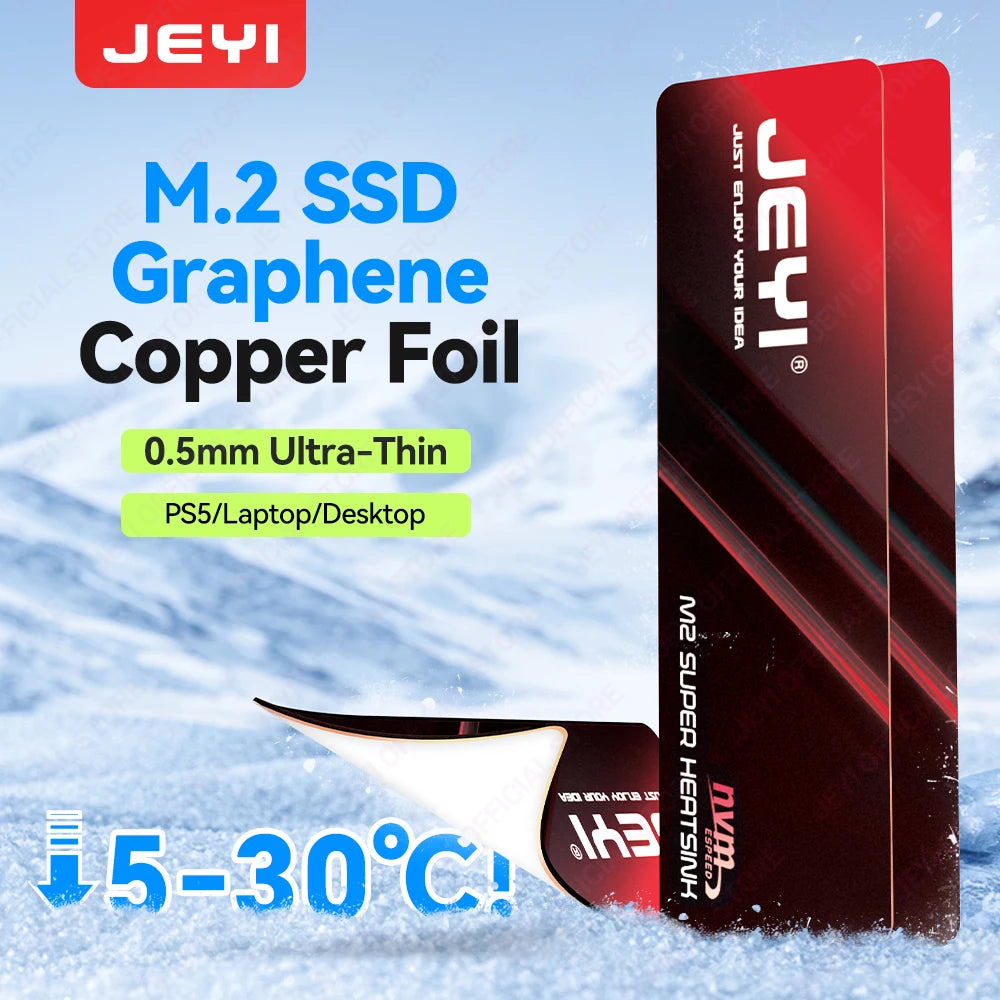 JEYI M.2 2280 SSD Graphene Copper Heatsink - Ultra Thin 0.5mm High Thermal Conductivity Cooling Pad for NVMe/SATA SSD(1/2/5pc）