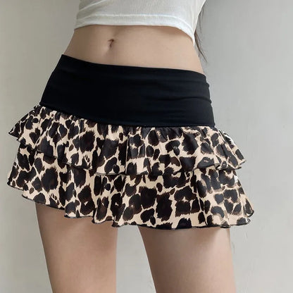 HOUZHOU Women Leopard Mini Skirt Y2k Gyaru Elastic Waist Layered Short Skirt Female Harajuku Kawaii Slim High Waist Skirts