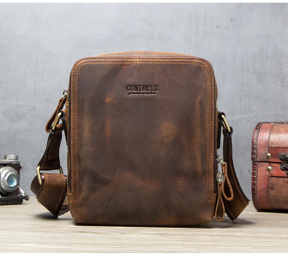 CONTACT'S Genuine Leather Men's Messenger Bag Vintage Sling Shoulder Bags for 7.9" iPad Mini High Quality Male Crossbody Bag Men