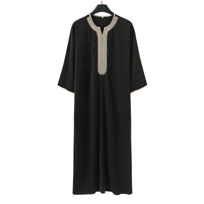 Summer 2025 Kaftan Muslim Men's Short Sleeve Embroidered Loose Casual Robe Breathable Islamic Abaya for Men