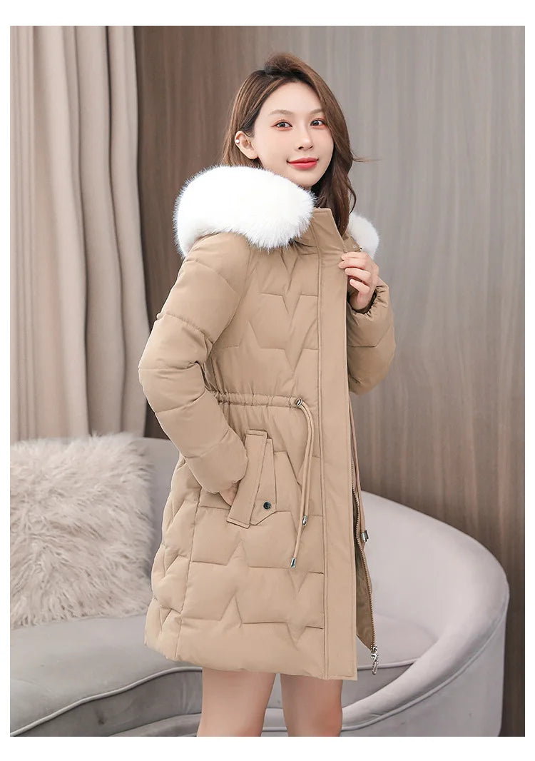 Hooded Women Parkas Coats Mid LenthJackets  Oversize Solid Fur Collar Zipper Drawstring Waist Loose Casual 2025 Autumn Winter