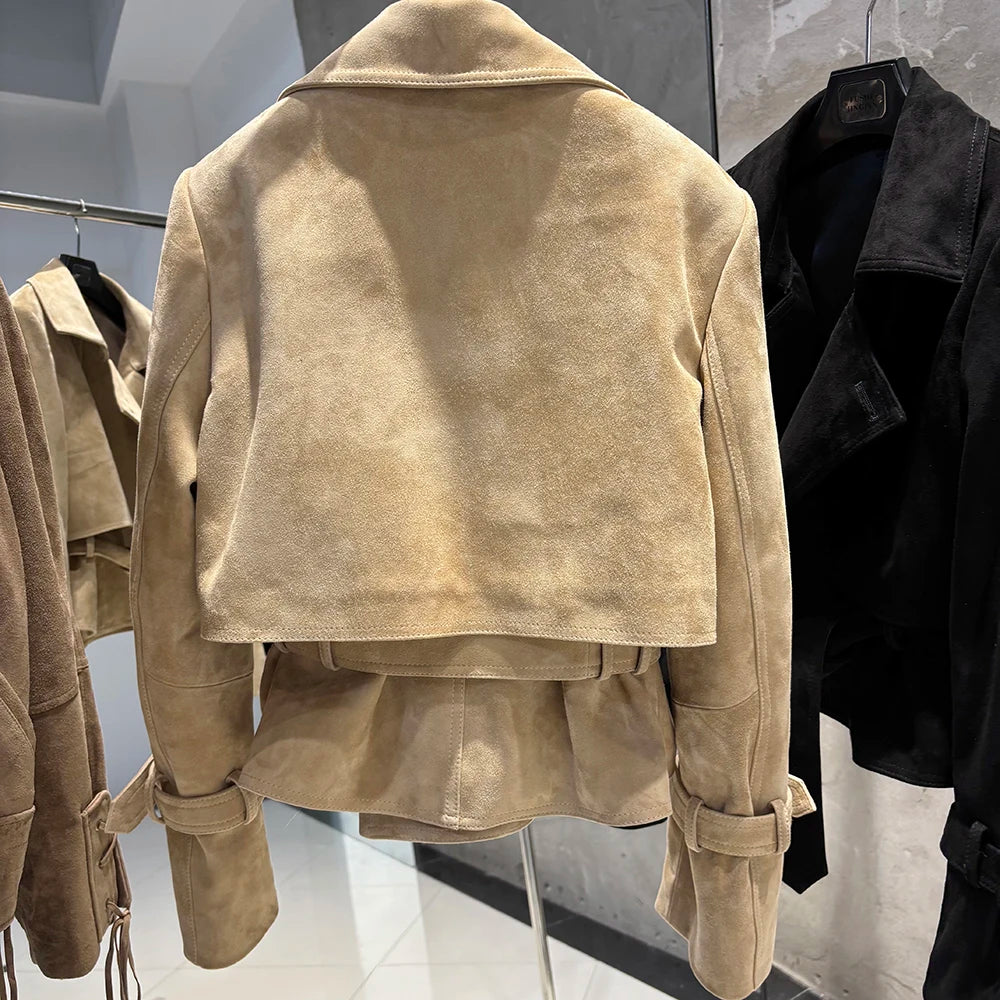 YOLOAgain 2025 Autumn Elegant Real Leather Jacket Coat Women Oversized Leather Jacket With Belt