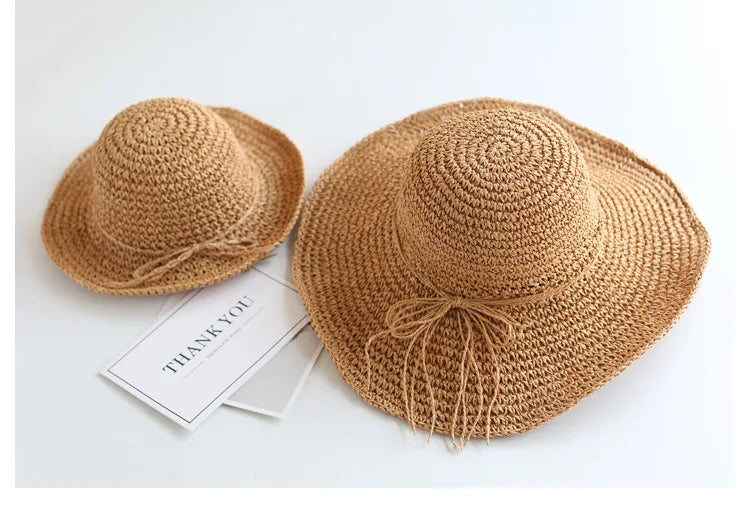 Summer New Parent-child Straw Hat Girl Casual Solid Foldable Big Brim Holiday Hats Baby Boy Beach Fisherman's Cap