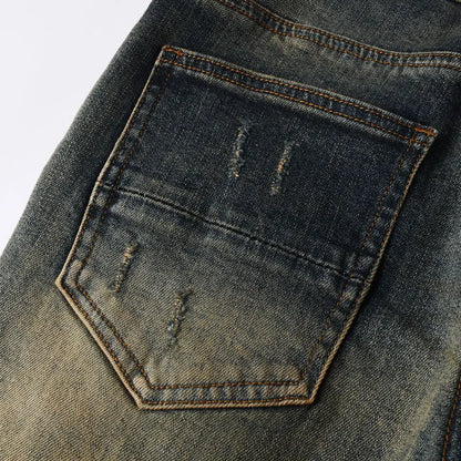 Y2k New Men's Jeans Washed Nostalgic Perforated Black Leather Patch Deep Blue Jeans High Street Designer Hip-Hop Brand High-Qual
