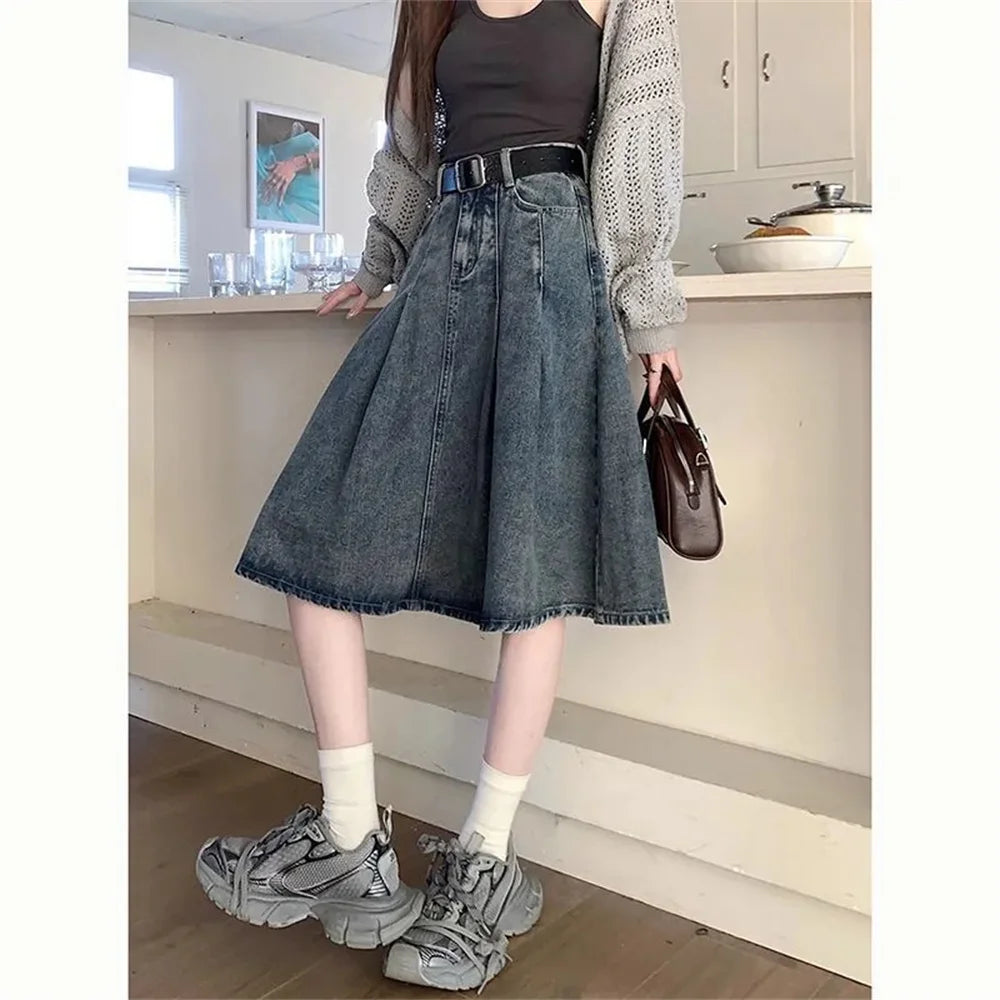 Summer Trendy Designer Lady High Waist Jeans Pleated Skirt Women Fashion Vintage Denim Skirts Girls Korean Casual Midi Skirts