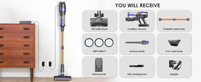 Vortisys V2 Cordless Vacuum Cleaner, 500W Brushless Motor, 36V/2200mAh Battery, Suitable for Floor, Carpet, Sofa, Mattress