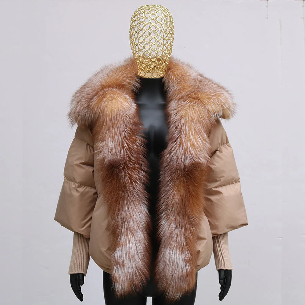 Oversized Winter Warm Real Fox Fur Collar Black Down Coat Women Puffer Outerwear Jackets 2024 Autumn Winter