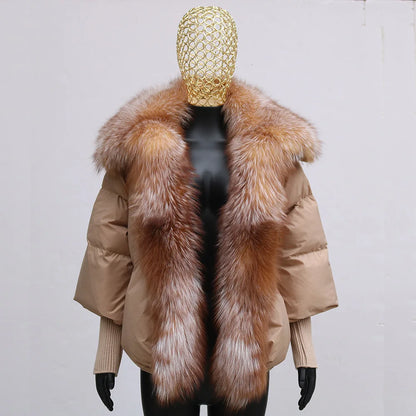 Oversized Winter Warm Real Fox Fur Collar Black Down Coat Women Puffer Outerwear Jackets 2024 Autumn Winter