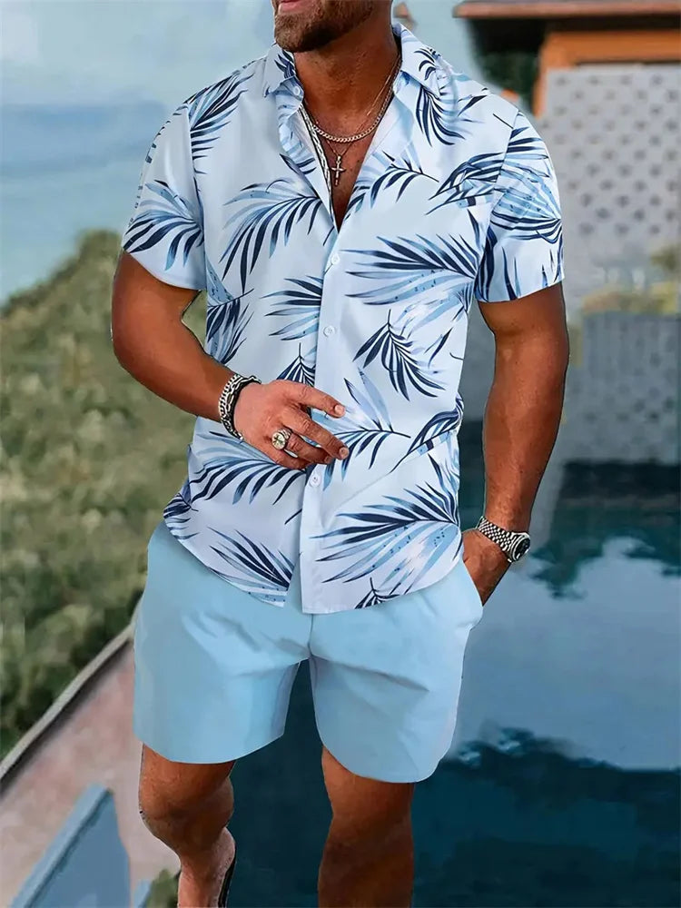 2024 Men's Shirt Shorts Set Two Piece 3D Leaf Print Men's Shirt Short Sleeve Casual Beach Pants Street Vacation Hawaiian Style