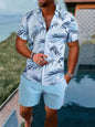 2024 Men's Shirt Shorts Set Two Piece 3D Leaf Print Men's Shirt Short Sleeve Casual Beach Pants Street Vacation Hawaiian Style